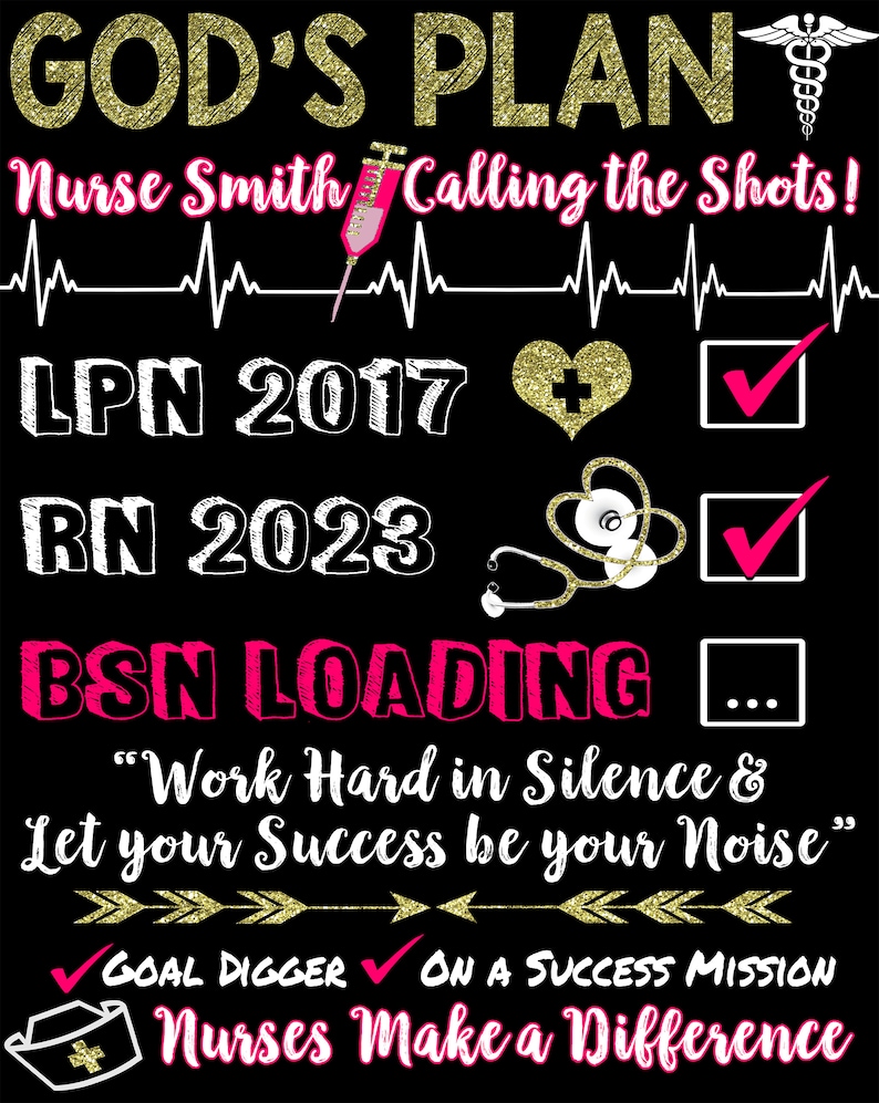 Pu&ograve; includere: Design grafico nero con testo glitterato dorato e accenti rosa. Il testo recita "GOD'S PLAN Nurse Smith Calling the Shots!" e include simboli medici, segni di spunta e le frasi "LPN 2017", "RN 2023" e "BSN LOADING".