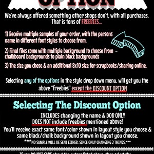 May include: Black and white text on a black background explaining the discount option for a personalized printable. The text includes the words "DISCOUNT OPTION", "FREEBIES", "Selecting The Discount Option", "INCLUDES changing the name & DOB ONLY", "DOES NOT include freebies mentioned above!" and "MAKE SURE YOU NOTE WHICH LAYOUT STYLE YOUD LIKE IF SELECTING DISCOUNT OPTION!!!".