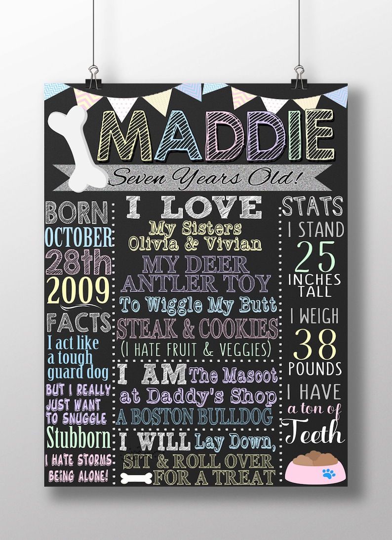 May include: A chalkboard style birthday sign for a girl named Maddie, who is seven years old. The sign is decorated with colorful flags and a bone. It includes details about her birthdate, height, weight, and favorite things.