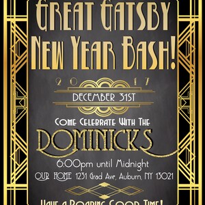 May include: A black and gold invitation for a Great Gatsby New Year's Eve party. The invitation features a gold art deco design with the text "Great Gatsby New Year Bash!" and "December 31st".