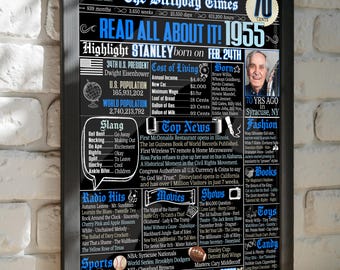 70 Year Old Gifts for Man | 1955 Birthday Newspaper Sign Personalized | Mens 70th Birthday 1955 | 70 Year old man gift ideas unique & modern