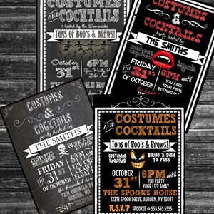 May include: Three Halloween party invitations with black backgrounds and white text. The invitations feature a skull, a vampire, and a jack-o-lantern. The text on the invitations reads "Costumes & Cocktails" and includes details about the party, such as the date, time, and location.