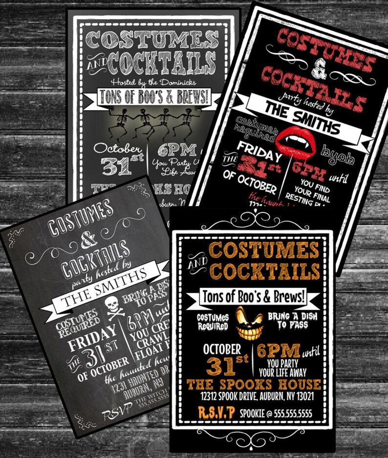 May include: Three Halloween party invitations with black backgrounds and white text. The invitations feature a skull, a vampire, and a jack-o-lantern. The text on the invitations reads "Costumes & Cocktails" and includes details about the party, such as the date, time, and location.