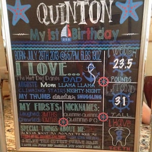 May include: A framed chalkboard sign with the name "Quinton" and "My 1st Birthday" in white chalk. The sign includes details about the child's birth, weight (6 lbs 13 oz), and height (78.7 cm). Decorative elements include blue starfish and a sailboat.