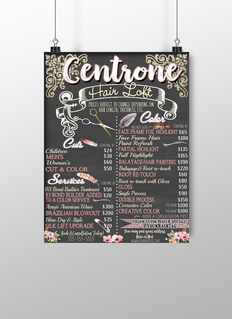 May include: A chalkboard sign advertising hair salon services. The sign is decorated with pink flowers and feathers. The salon offers cuts, color, and services like Brazilian blowouts and silk lift upgrades. The sign includes pricing for each service.