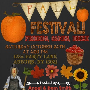 May include: An invitation for a Fall Festival with pumpkins, a scarecrow, and fall foliage. The text reads "Please join us for our Annual Fall Festival!" with the date, time, and location.