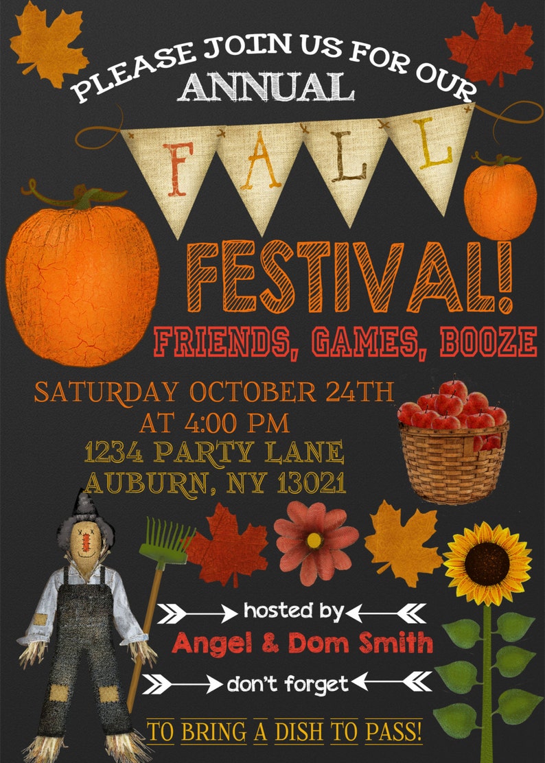 May include: An invitation for a Fall Festival with pumpkins, a scarecrow, and fall foliage. The text reads "Please join us for our Annual Fall Festival!" with the date, time, and location.