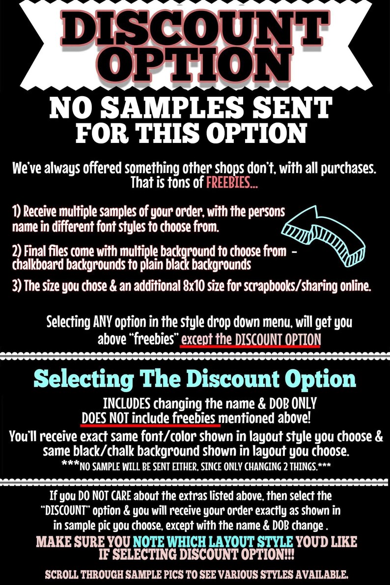 May include: Black and white graphic with the words "DISCOUNT OPTION" in large red letters. Text explains the discount option, including what is and isn't included. The text also mentions freebies and sample options.