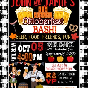 Puede incluir: Un fondo a cuadros blanco y negro con un cartel negro anunciando el 5&ordm; Oktoberfest Bash anual de John y Jamie. El cartel muestra la fecha del 5 de octubre a las 4:00 PM, la ubicaci&oacute;n 1238 Oktoberfest Ave, Somewhere, PA 15905, y una fecha l&iacute;mite de respuesta el 28 de septiembre a Jamie al 555.555.1231. El cartel tambi&eacute;n incluye el texto "Cerveza, comida, amigos, diversi&oacute;n" y "&iexcl;Ven con hambre y trae una silla para relajarte junto al fuego!"