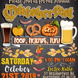 May include: A chalkboard invitation for an annual Oktoberfest event. The invitation features a black background with white chalk writing. The text reads "Please Join us for our Annual Oktoberfest Food, Friends, Fun! Saturday October 21st 2019 6:00 PM-1:00 AM Lee Lee Kathe 37 Oktoberfest Rd. Northfield, CT 06778 RSVP Ms. Kathe 311.866.6307 by Sept 23rd". The invitation is decorated with fall leaves, pretzels, beer mugs, and pumpkins.