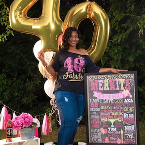 Puede incluir: Una mujer se encuentra de pie frente a un letrero de pizarra negra con detalles de purpurina dorada. El letrero dice "Merkita 40th Birthday" y enumera detalles sobre su vida. Ella sostiene un gran globo dorado en forma del n&uacute;mero 40. Lleva una camiseta negra con purpurina rosa y las palabras "40 & Fabulous".