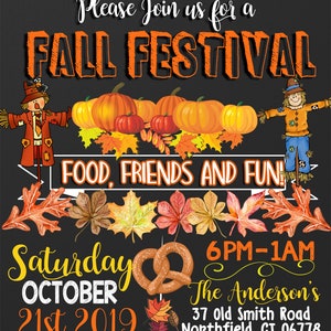 May include: A chalkboard invitation to a Fall Festival with a black background, orange and yellow text, and illustrations of pumpkins, scarecrows, and fall leaves. The event is on Saturday, October 21st, 2019, from 6 PM to 1 AM at The Anderson's, 37 Old Smith Road, Northfield, CT 06778. RSVP to Bart Man at 860.866.6307 by September 23rd.