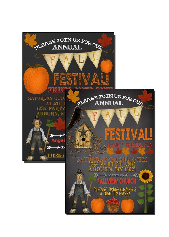 Scarecrow fall festival invitations, pumpkin fall festival invite, unique fall party invitation chalkboard style, orange red invite INVFAL03