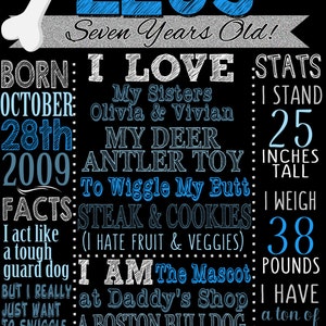 May include: A black and white chalkboard style sign with blue and white accents. The sign says "Zeus Seven Years Old!" and includes information about the dog's birthday, favorite things, and stats. The sign features a bone graphic and a dog bowl.