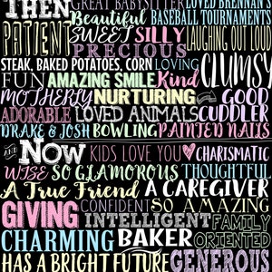 May include: A black and white printable poster with a word cloud of positive attributes. The text reads "In honor of your 21st birthday. 21 things we loved then & 21 things we love now!"  The words are in different colors, including pink, blue, green, and yellow. The poster is a great way to celebrate a 21st birthday.