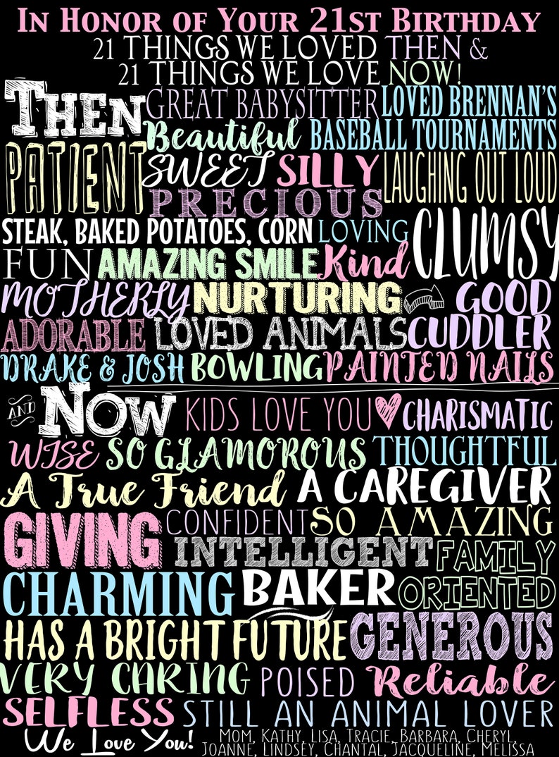 May include: A black and white printable poster with a word cloud of positive attributes. The text reads "In honor of your 21st birthday. 21 things we loved then & 21 things we love now!"  The words are in different colors, including pink, blue, green, and yellow. The poster is a great way to celebrate a 21st birthday.