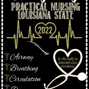 May include: A black and gold graduation announcement for a practical nursing student. The announcement features a heart with a stethoscope, a heartbeat graphic, and the text "Sydeny, Practical Nursing, Louisiana State, 2022". The announcement also includes the text "I could say that nursing school was easy but...that would be a-fib."