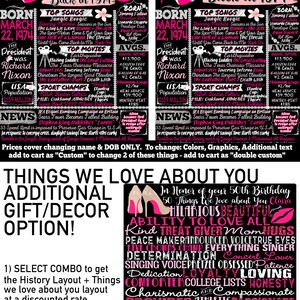 May include: A black and pink printable poster with the text "Back in 1974" and a list of events that happened in 1974. The poster also includes a list of things we love about you, such as "hilarious", "beautiful", "ability to love all", "kind", "treat giver", "mom", "hugs", "peace maker", "announcer", "voice", "true eyes", "five crowns", "champ", "everything", "singer", "determination", "concert lover", "singing", "voice", "pretzel", "obsessed", "patience", "dedication", "loving", "comforter", "college lists", "honesty", "charismatic", "compassionate", "provider", "athletic", "passionate", "runner", "sunscreen", "cyclist", "water", "smart", "music", "hardworking", "jokes", "wine & beer", "heart of gold", "love of travel", "stairway to heaven", "song", "skipping", "dance", "goofy", "fixer", "happy", "whistler", "driving instructor", "concern", "your silliness", "protective nature", "you are one of a kind", "love, Annie, Lizzy, Katie, Emily & Buckeye".