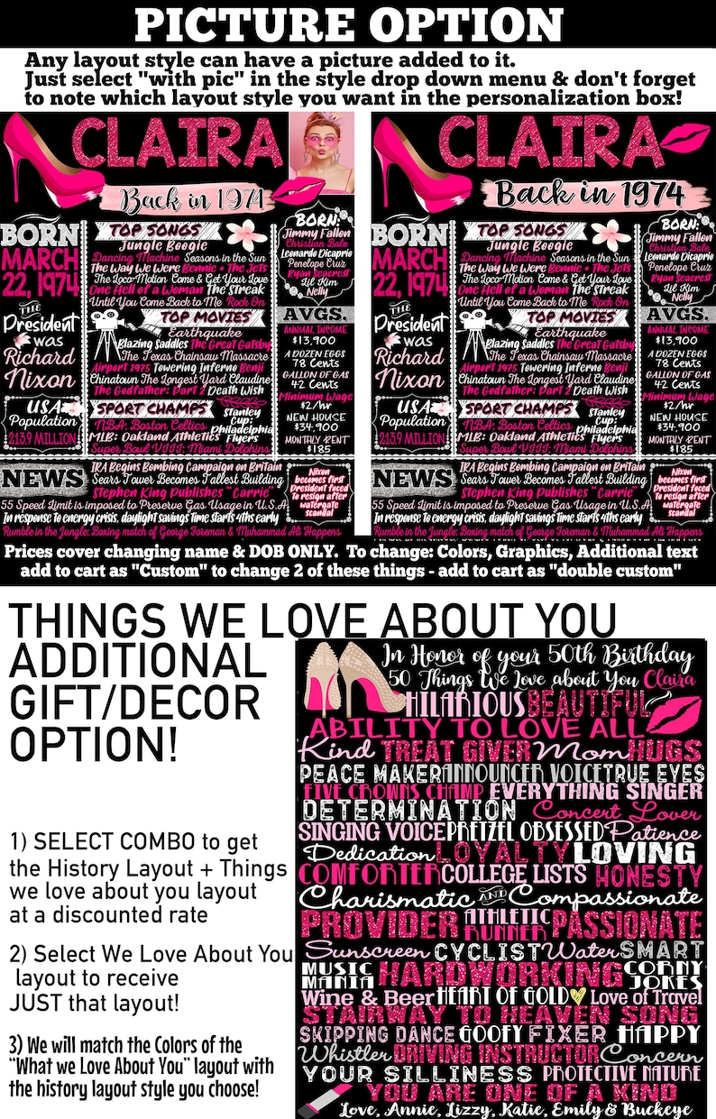 May include: A black and pink printable poster with the text "Back in 1974" and a list of events that happened in 1974. The poster also includes a list of things we love about you, such as "hilarious", "beautiful", "ability to love all", "kind", "treat giver", "mom", "hugs", "peace maker", "announcer", "voice", "true eyes", "five crowns", "champ", "everything", "singer", "determination", "concert lover", "singing", "voice", "pretzel", "obsessed", "patience", "dedication", "loving", "comforter", "college lists", "honesty", "charismatic", "compassionate", "provider", "athletic", "passionate", "runner", "sunscreen", "cyclist", "water", "smart", "music", "hardworking", "jokes", "wine & beer", "heart of gold", "love of travel", "stairway to heaven", "song", "skipping", "dance", "goofy", "fixer", "happy", "whistler", "driving instructor", "concern", "your silliness", "protective nature", "you are one of a kind", "love, Annie, Lizzy, Katie, Emily & Buckeye".