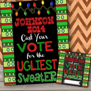 Cartello di voto personalizzato con maglione brutto e schede di voto, diversi layout di design, diversi sfondi lavagna, vota per le schede con il maglione più brutto e firma!