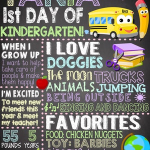 Puede incluir: Un cartel de pizarra con el texto "Tania 1er d&iacute;a de Kindergarten!" y detalles sobre los gustos, disgustos y medidas del ni&ntilde;o. El cartel est&aacute; decorado con un autob&uacute;s escolar, un globo terr&aacute;queo, un l&aacute;piz y otras ilustraciones coloridas.