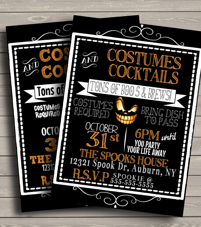 May include: Black and white Halloween party invitation with orange text. The invitation reads "Costumes and Cocktails, Tons of Boos & Brews!"  Costumes are required. The party is on October 31st at 6pm at The Spooks House, 12321 Spook Dr, Auburn, NY. RSVP to Spookie at 555-555-5555.