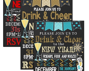 New years invite, new years even party invitations, drink & cheer to a new year invites, unique new years even party ideas decor INVNYE02
