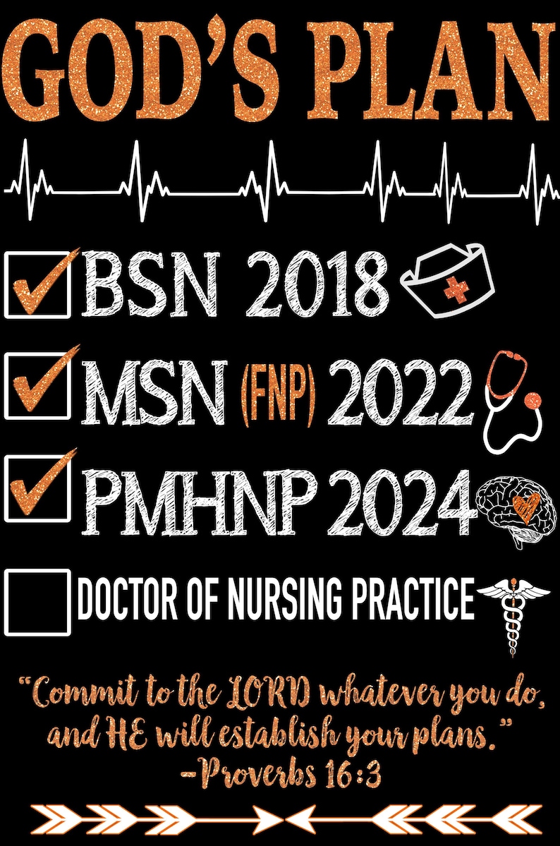 May include: Black graphic design with the text "GOD'S PLAN" in orange glitter. Includes check boxes for BSN 2018, MSN (FNP) 2022, and PMHNP 2024. Also includes a quote from Proverbs 16:3 and medical symbols.