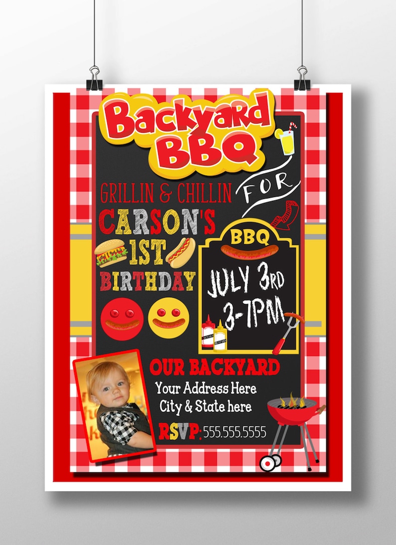 bbq birthday invitation, bbq 1st birthday, backyard bbq party invites, kids birthday bbq party decor, red checkered invites, INVBBQ11 Carson Style