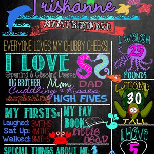 May include: A chalkboard-style birthday sign with the name "Trishanne" in purple script. It features colorful illustrations of sea creatures, text about the child's milestones, and the phrase "My 1st Birthday!"