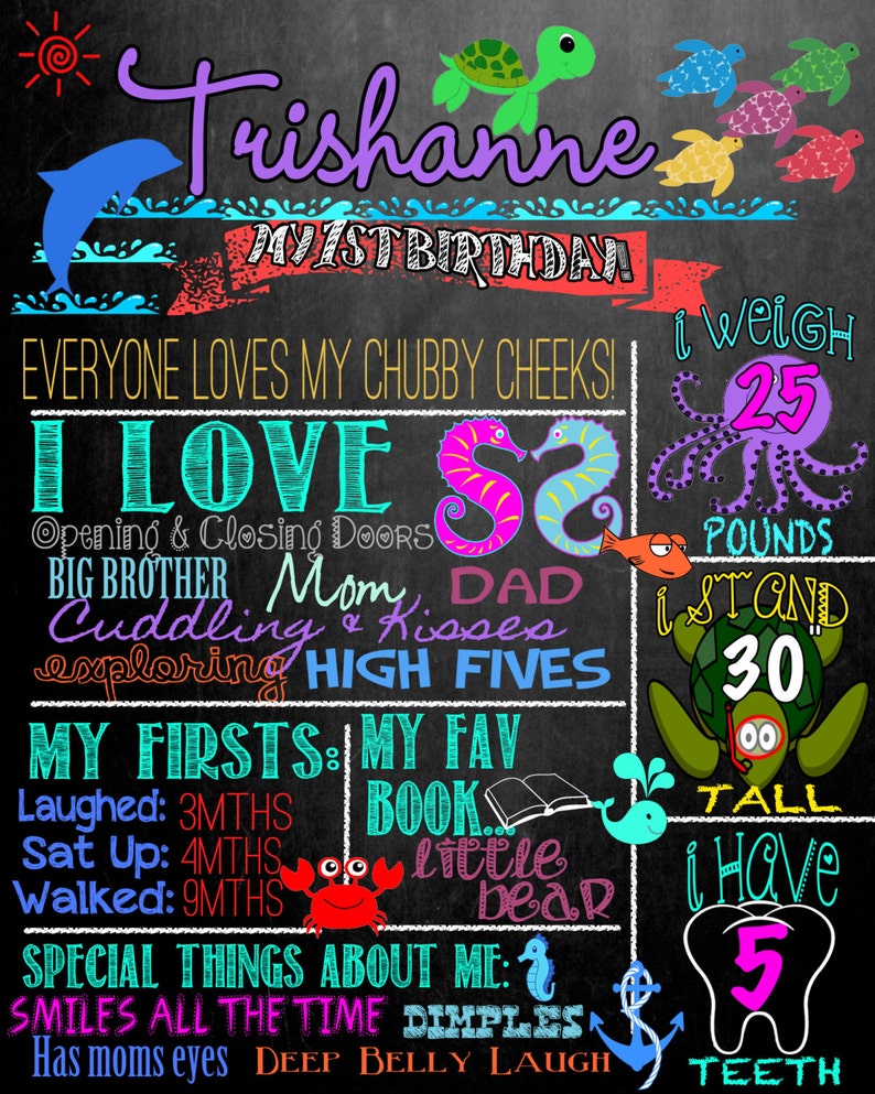 May include: A chalkboard-style birthday sign with the name "Trishanne" in purple script. It features colorful illustrations of sea creatures, text about the child's milestones, and the phrase "My 1st Birthday!"