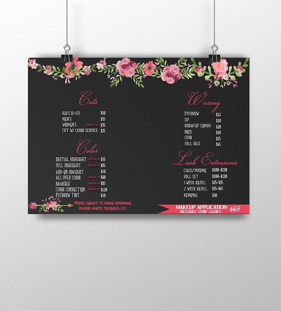 Beauty salon menu, lash extension sign, haircut sign, hair salon sign, beauty salon sign, salon pricing menu, business menu, business signs