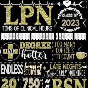 May include: A black and gold graduation announcement for an LPN. The announcement features a stethoscope, a heart, and a graduation cap. The text reads "Amanda LPN Class of 2023" and "University Missouri Kansas City One Degree Hotter".