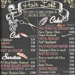 May include: A chalkboard sign advertising hair salon services. The sign is decorated with feathers and flowers. The salon offers cuts, color, and services like B3 Bond Builder Treatment, Arrojo American Wave, and Brazilian Blowout. Prices are listed for each service.