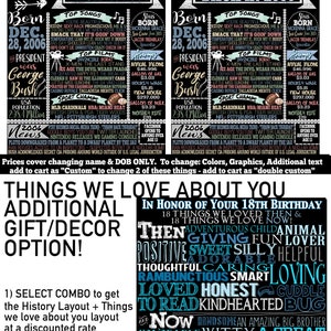 May include: A black and white chalkboard style sign with the text "James 18 Back in 2006" and a list of top songs, movies, and sports events from the year 2006. The sign also includes a list of things we love about you, with words like "honorable", "witty", "strong", "protective", "funny", "generous", "lovable", "easy", "considerate", "going", and "patient".