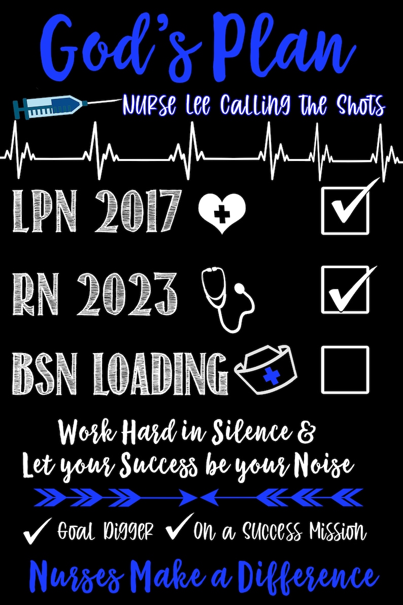 May include: Black graphic with blue and white text. The text includes "God's Plan," "Nurse Lee Calling the Shots," and nursing credentials like LPN, RN, and BSN. Motivational phrases and checkmarks are also included.