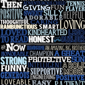 May include: A black and white printable poster with blue and light blue text. The poster says "In honor of your 18th birthday Stefanos". It lists 18 things the person was loved for as a child and 18 things they are loved for now.