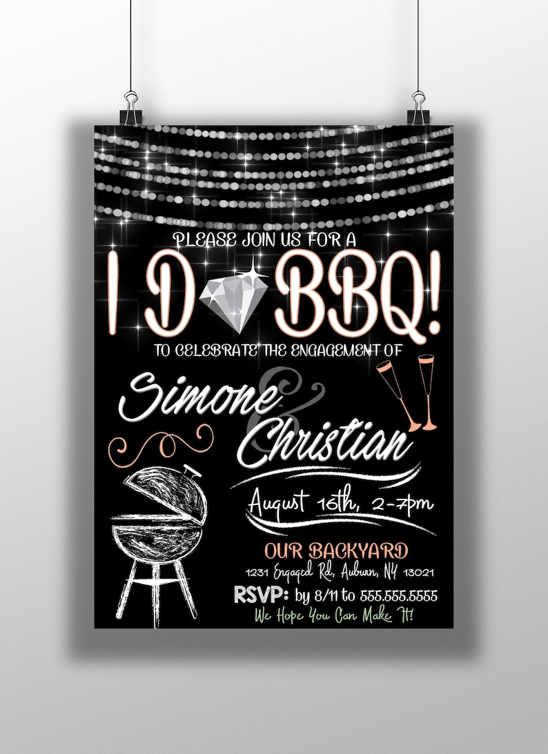 May include: Black and white engagement party invitation with a diamond ring, grill, and the text "I Do BBQ!" to celebrate the engagement of Simone and Christian. The invitation includes the date, time, and location of the party. RSVP by August 11th.