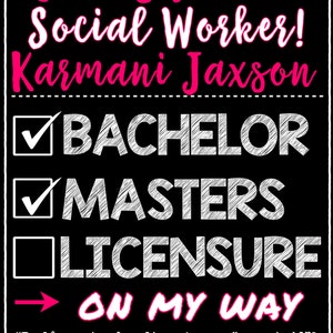 May include: Black and white graphic with the text "God's Plan Social Worker!" and the name "Karmani Jaxson." It highlights "Bachelor" and "Masters" degrees, with the phrase "On My Way." A quote from Jeremiah 29:11 is also included.