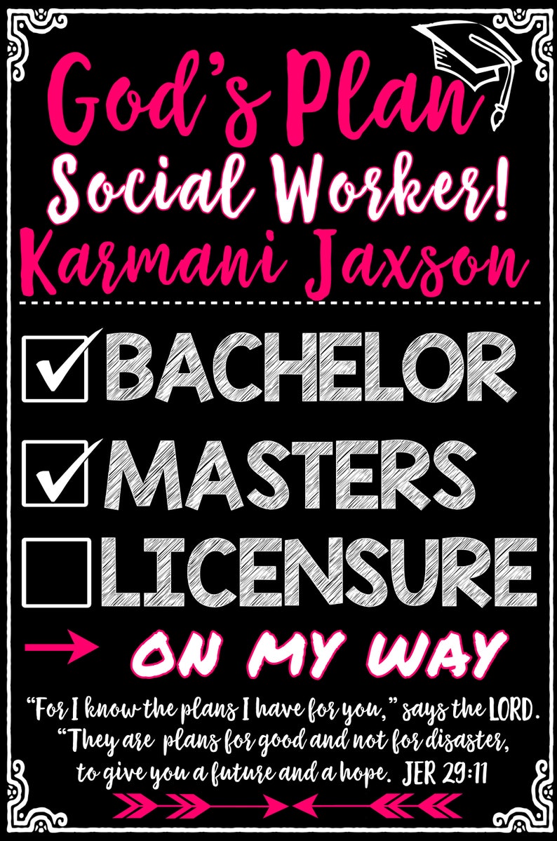 May include: Black and white graphic with the text "God's Plan Social Worker!" and the name "Karmani Jaxson." It highlights "Bachelor" and "Masters" degrees, with the phrase "On My Way." A quote from Jeremiah 29:11 is also included.