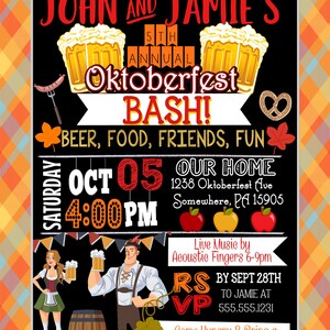 Puede incluir: Una invitaci&oacute;n estilo pizarra en blanco y negro para el 5&ordm; Oktoberfest Bash anual de John y Jamie. La invitaci&oacute;n incluye la fecha, la hora, la ubicaci&oacute;n y la informaci&oacute;n de RSVP. La invitaci&oacute;n presenta una imagen de dibujos animados de un hombre y una mujer con atuendos tradicionales de Oktoberfest.