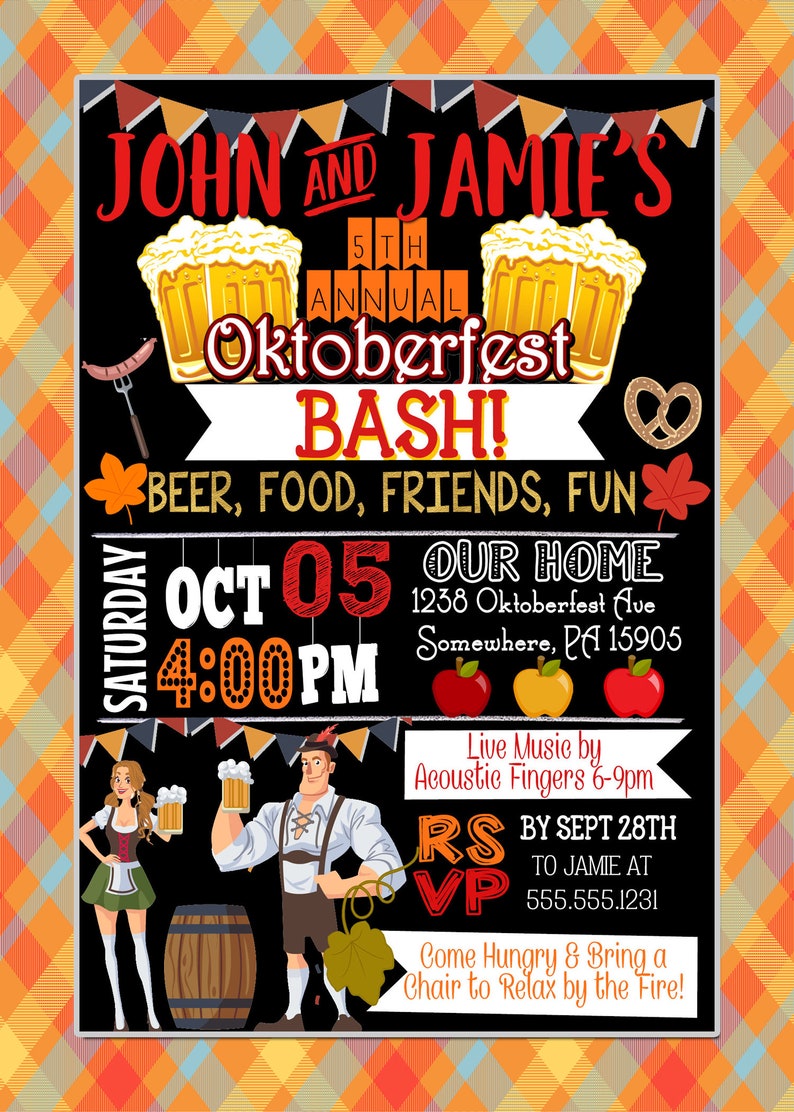 Puede incluir: Una invitaci&oacute;n estilo pizarra en blanco y negro para el 5&ordm; Oktoberfest Bash anual de John y Jamie. La invitaci&oacute;n incluye la fecha, la hora, la ubicaci&oacute;n y la informaci&oacute;n de RSVP. La invitaci&oacute;n presenta una imagen de dibujos animados de un hombre y una mujer con atuendos tradicionales de Oktoberfest.