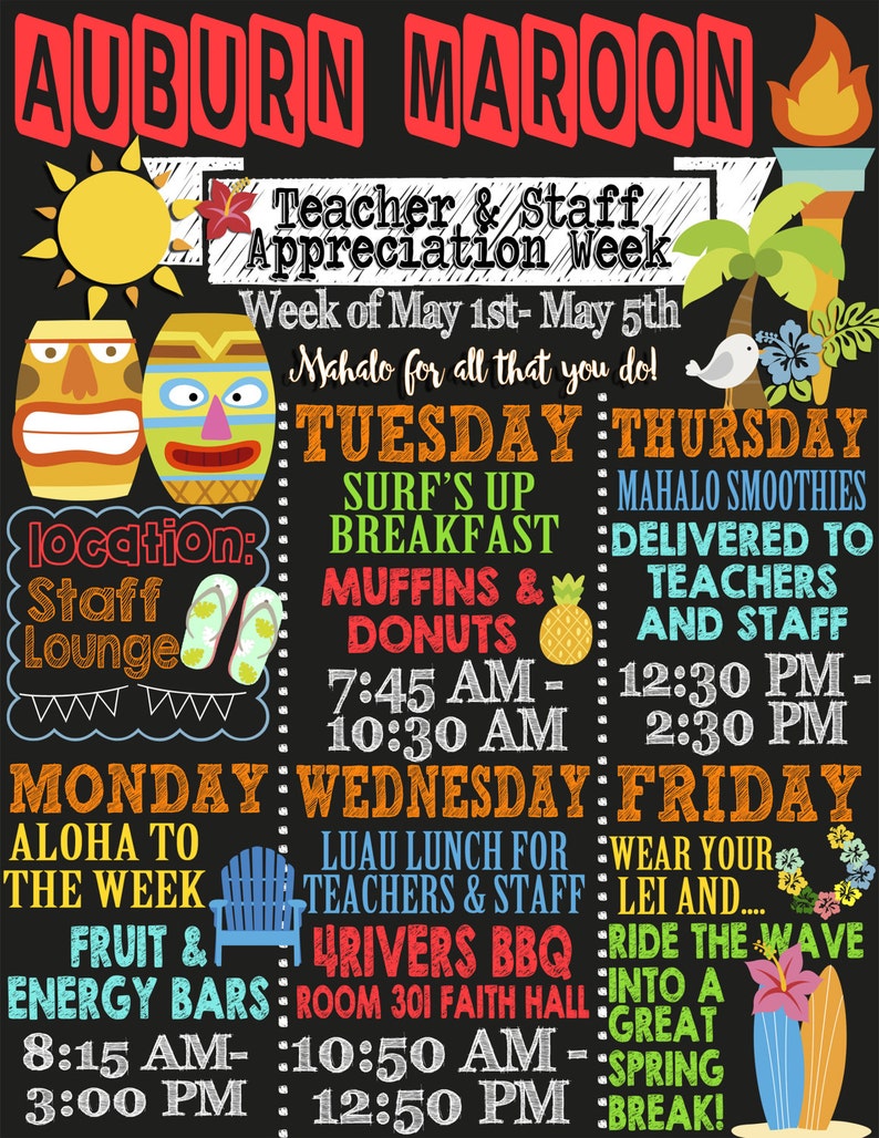 Luau Teacher Appreciation Week, Teacher Appreciation luau schedule, teacher appreciation week schedule, hawaiian teacher appreciation week Auburn Style