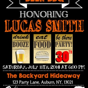May include: A black and orange invitation for a beer BBQ honoring Lucas Smith. The invitation features a white banner with the text "Join us for a Beer BBQ" and a white banner with the text "Honoring Lucas Smith". The invitation also features three images: a beer glass, a hamburger, and a party hat. The text "Drink Booze", "Eat Food", and "Be There Party!" is written on the images. The invitation also includes the date and time of the event, the location, and an RSVP contact.
