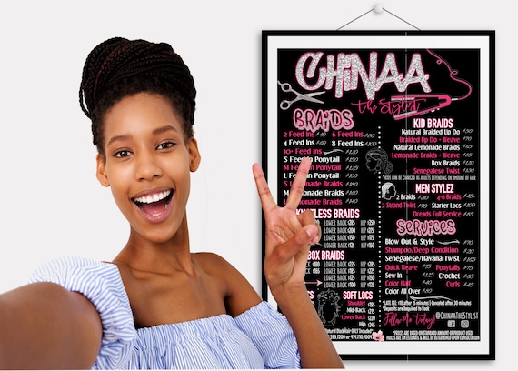 Beauty salon sign, beauty salon pricing, beauty salon menu, hair shop sign, hair salon sign, hair salon pricing, Braid Price List, Locs Menu