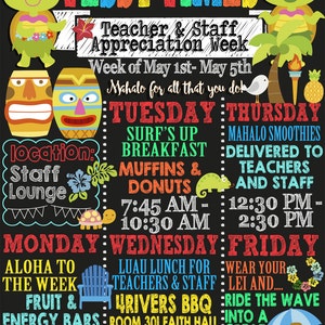 Luau Teacher Appreciation Week, Teacher Appreciation luau schedule, teacher appreciation week schedule, hawaiian teacher appreciation week image 4