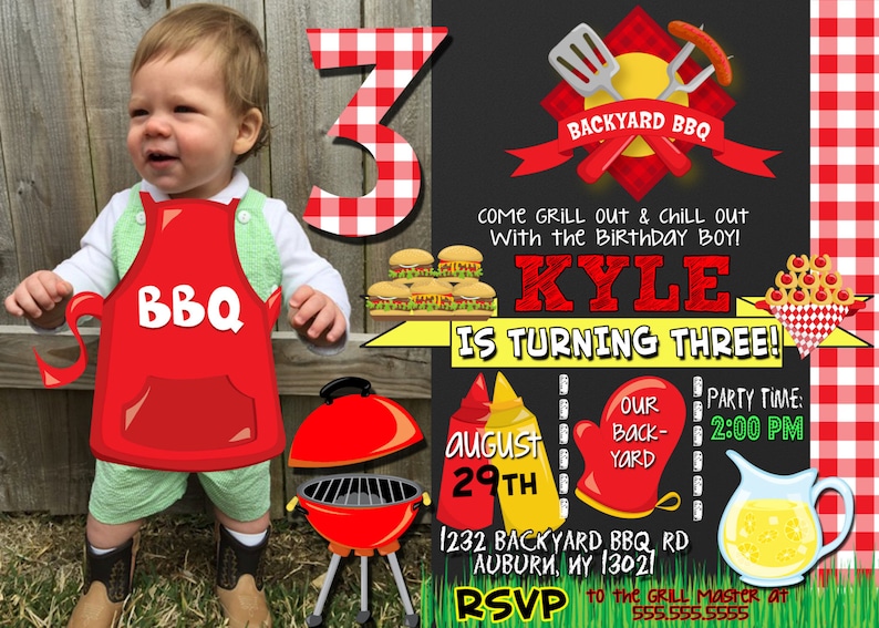 bbq birthday invitation, bbq 1st birthday, backyard bbq party invites, kids birthday bbq party decor, red checkered invites, INVBBQ11 Kyle Style