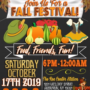 May include: A chalkboard style invitation to a Fall Festival. The invitation features a banner with the text "Join Us For a Fall Festival!" and a variety of fall-themed imagery, including pumpkins, gourds, apples, and a scarecrow. The event is scheduled for Saturday, October 17th, 2019, from 6 PM to 12 AM at The Rec Center Station, 1231 Melony Drive, Auburn, NY 13021. The invitation also includes the text "Food, Friends, Fun!" and "RSVP to Mary by October 11th, 555.123.8576."