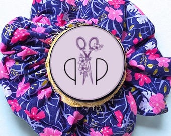 Blue Pink Floral Scrunchie – Soft Cotton Hair Tie – No‑Pull Gentle Grip