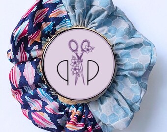 Honeycomb Aztec Halfsy Scrunchie – Blue Grey & Colorful Geometric Hair Tie – Soft Cotton No‑Pull Grip